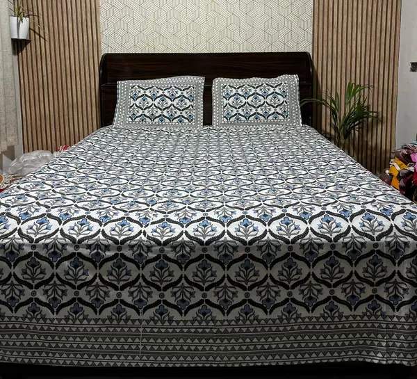White_Botanical_Block_Print_Double_Bedsheet_Set