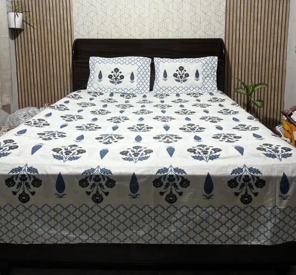 White_Botanical_Block_Print_Double_Bedsheet_Set