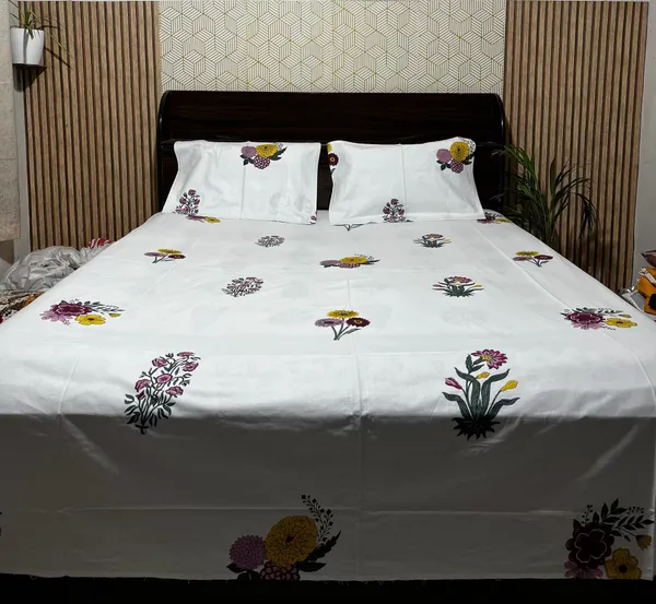 White_Floral_Block_Print_Double_Bedsheet_Set