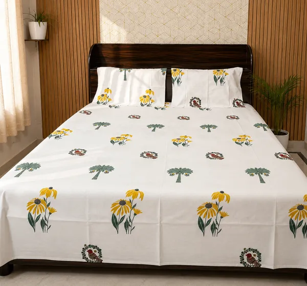 White_Floral_Block_Print_Double_Bedsheet_Set