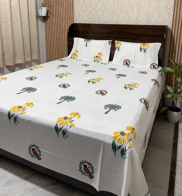 White_Floral_Block_Print_Double_Bedsheet_Set