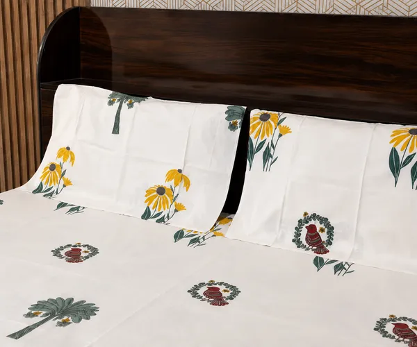 White_Floral_Block_Print_Double_Bedsheet_Set
