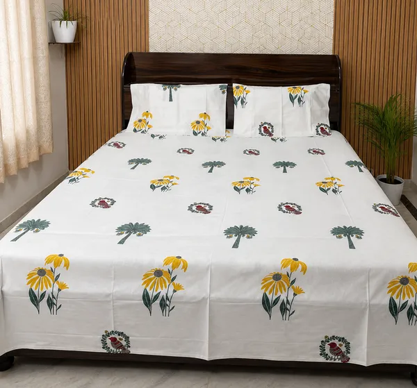 White_Floral_Block_Print_Double_Bedsheet_Set