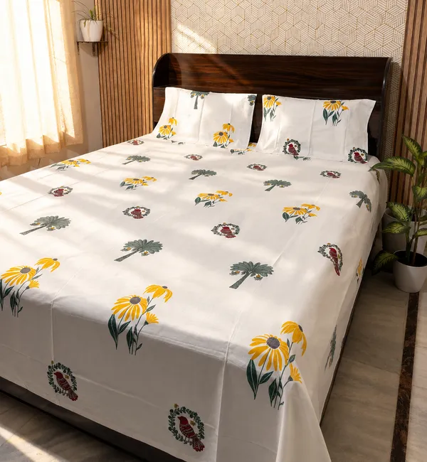 White_Floral_Block_Print_Double_Bedsheet_Set
