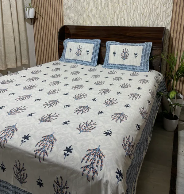 White_Botanical_Block_Print_Double_Bedsheet_Set