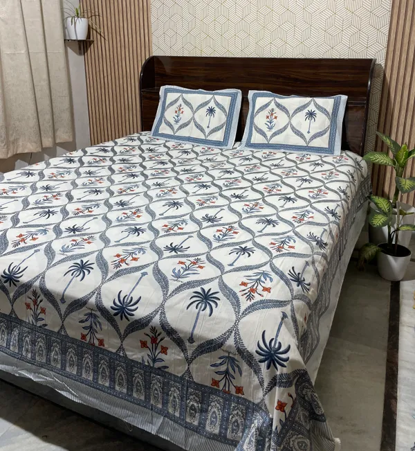 White_Botanical_Block_Print_Double_Bedsheet_Set