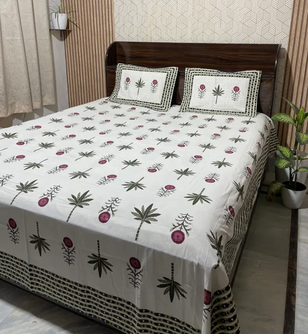 White_Botanical_Block_Print_Double_Bedsheet_Set