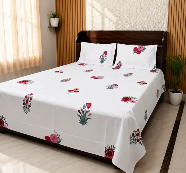 White_Floral_Block_Print_Double_Bedsheet_Set