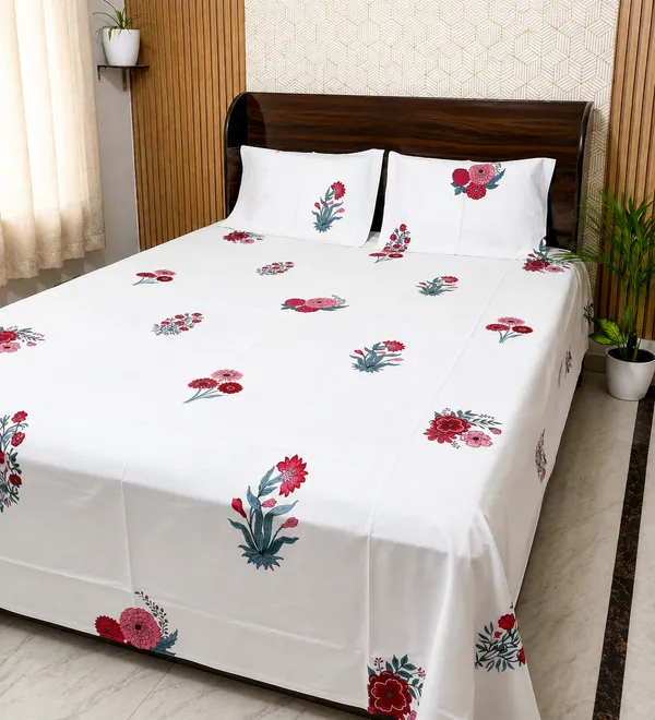 White_Floral_Block_Print_Double_Bedsheet_Set