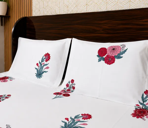 White_Floral_Block_Print_Double_Bedsheet_Set