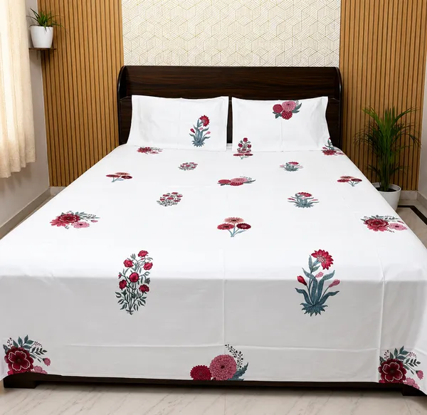 White_Floral_Block_Print_Double_Bedsheet_Set