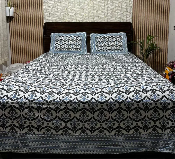 White_Botanical_Block_Print_Double_Bedsheet_Set