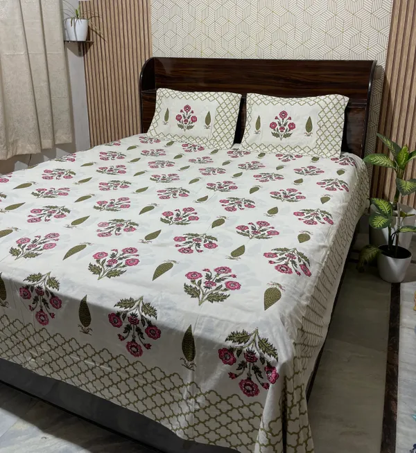 White_Botanical_Block_Print_Double_Bedsheet_Set
