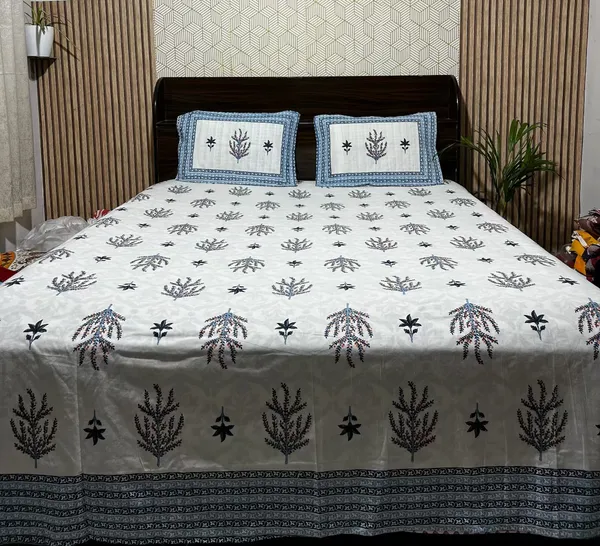 White_Botanical_Block_Print_Double_Bedsheet_Set
