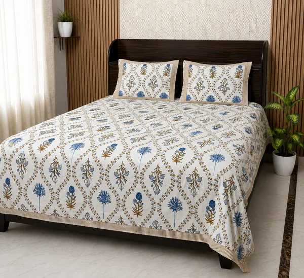 White_Botanical_Block_Print_Double_Bedsheet_Set