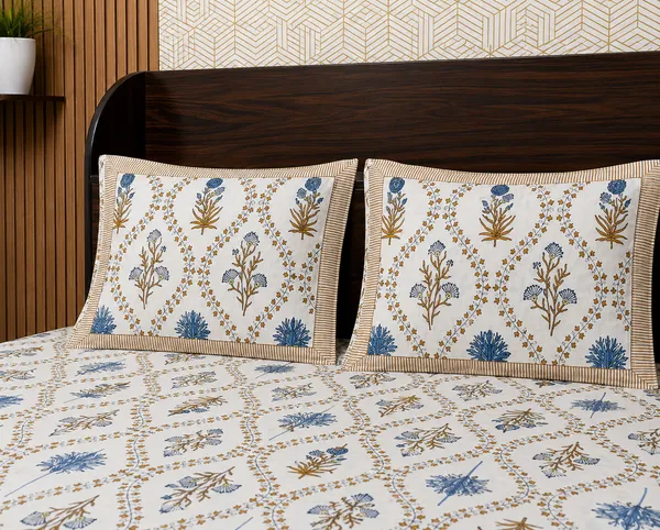White_Botanical_Block_Print_Double_Bedsheet_Set