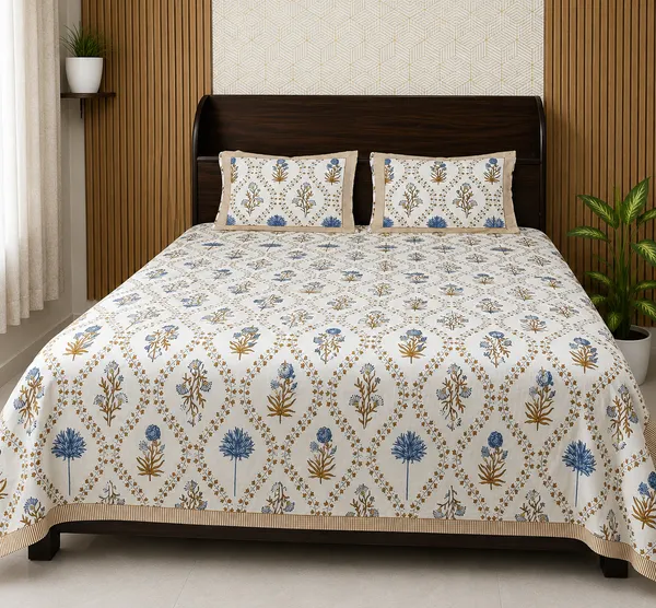 White_Botanical_Block_Print_Double_Bedsheet_Set