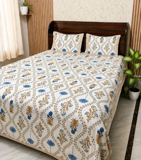 White_Botanical_Block_Print_Double_Bedsheet_Set