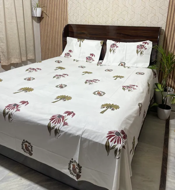 White_Floral_Block_Print_Double_Bedsheet_Set
