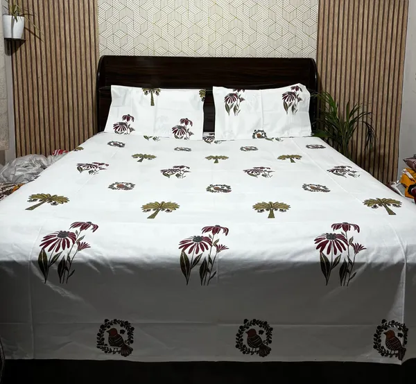 White_Floral_Block_Print_Double_Bedsheet_Set