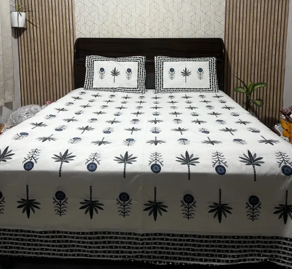 White_Botanical_Block_Print_Double_Bedsheet_Set