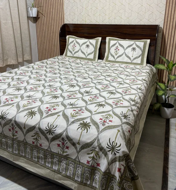 White_Botanical_Block_Print_Double_Bedsheet_Set