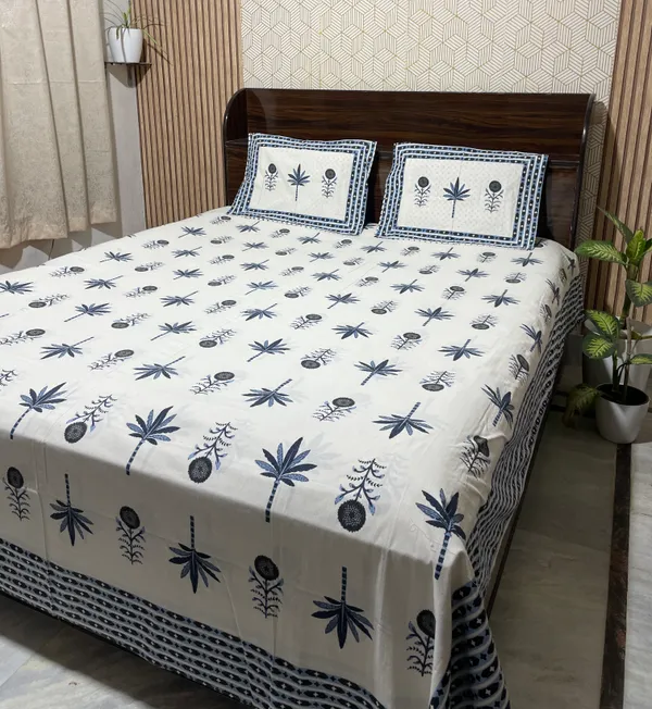 White_Botanical_Block_Print_Double_Bedsheet_Set