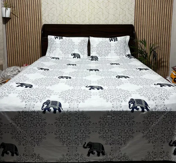 White_Floral_Block_Print_Double_Bedsheet_Set