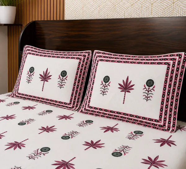 White_Botanical_Block_Print_Double_Bedsheet_Set