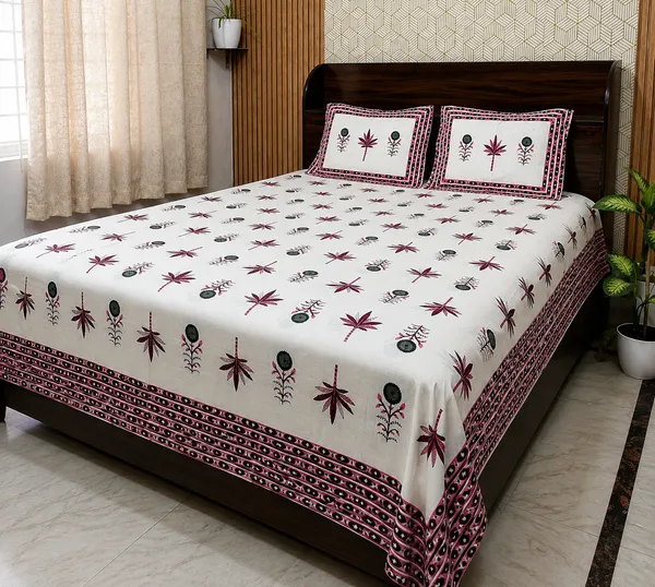 White_Botanical_Block_Print_Double_Bedsheet_Set