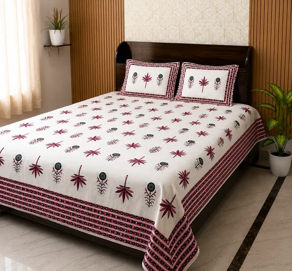 White_Botanical_Block_Print_Double_Bedsheet_Set