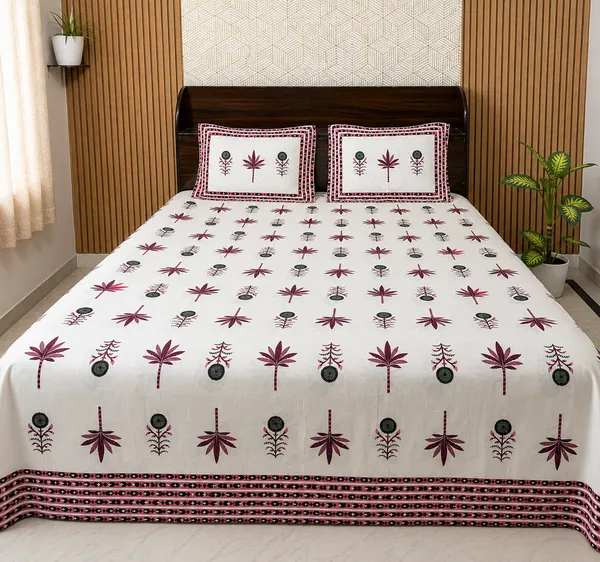 White_Botanical_Block_Print_Double_Bedsheet_Set