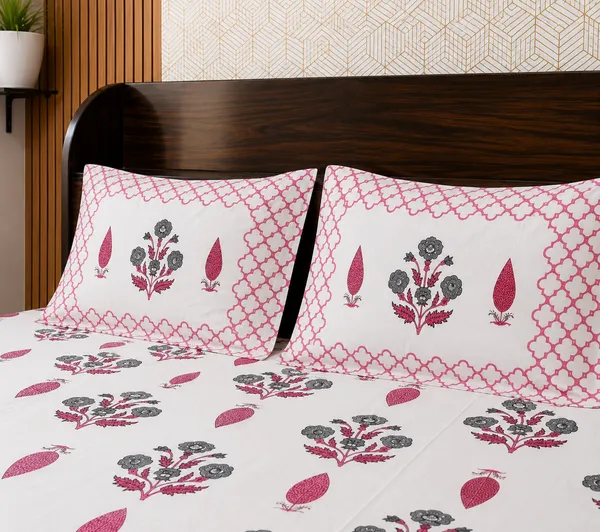 White_Botanical_Block_Print_Double_Bedsheet_Set