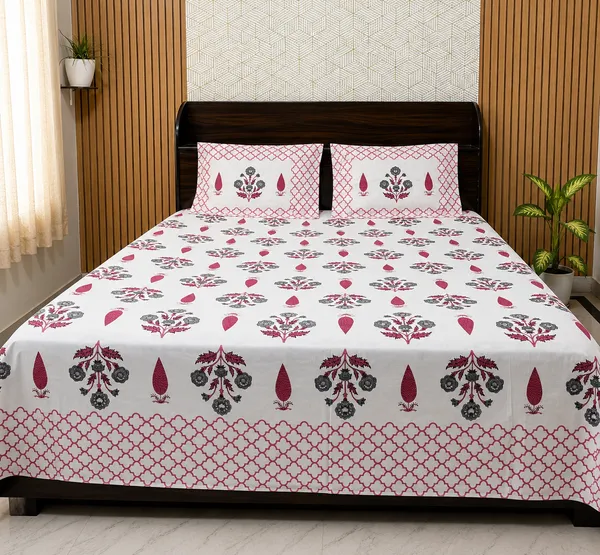 White_Botanical_Block_Print_Double_Bedsheet_Set