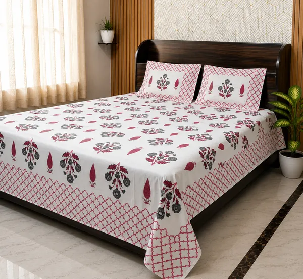 White_Botanical_Block_Print_Double_Bedsheet_Set
