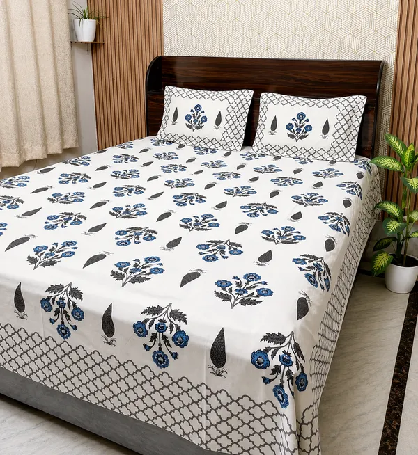 White_Botanical_Block_Print_Double_Bedsheet_Set