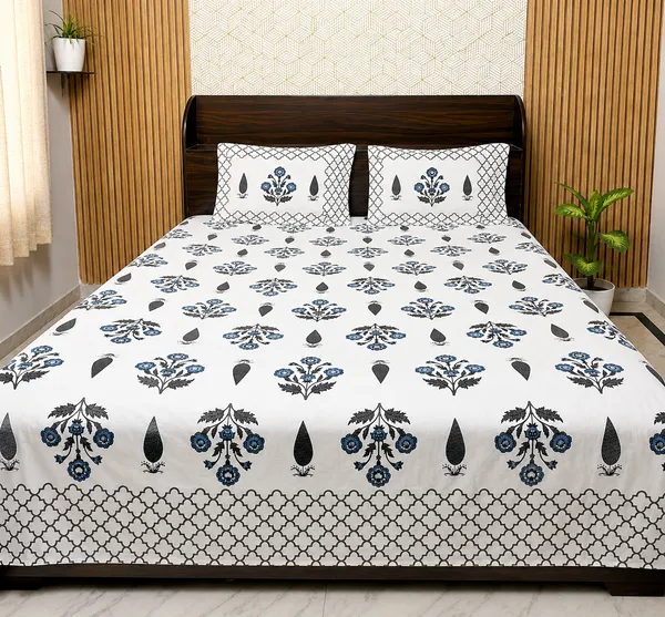 White_Botanical_Block_Print_Double_Bedsheet_Set