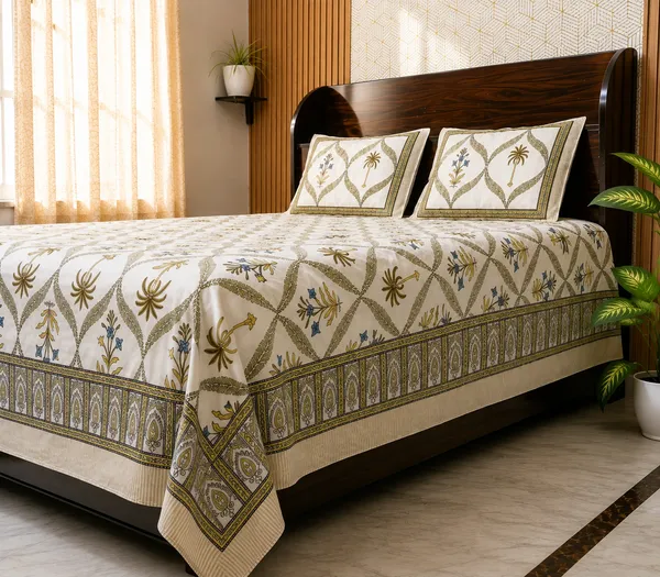 White_Botanical_Block_Print_Double_Bedsheet_Set