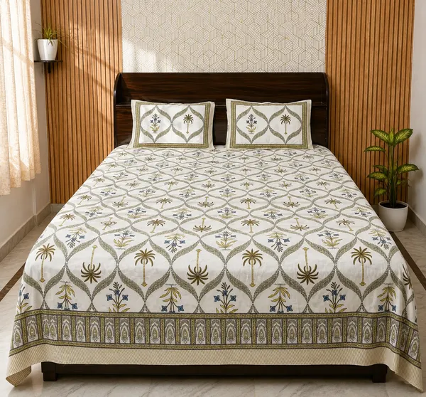 White_Botanical_Block_Print_Double_Bedsheet_Set