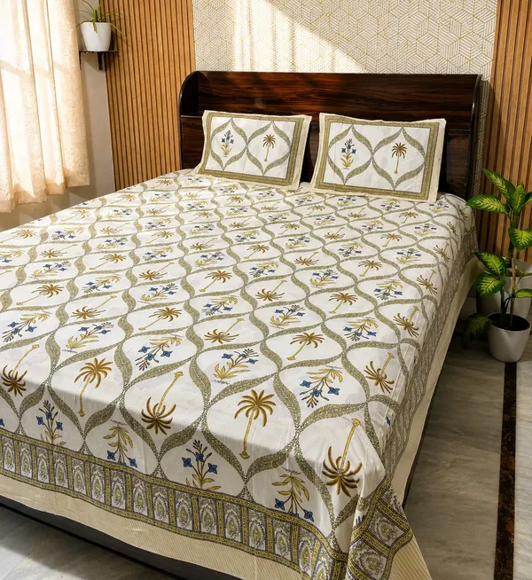 White_Botanical_Block_Print_Double_Bedsheet_Set