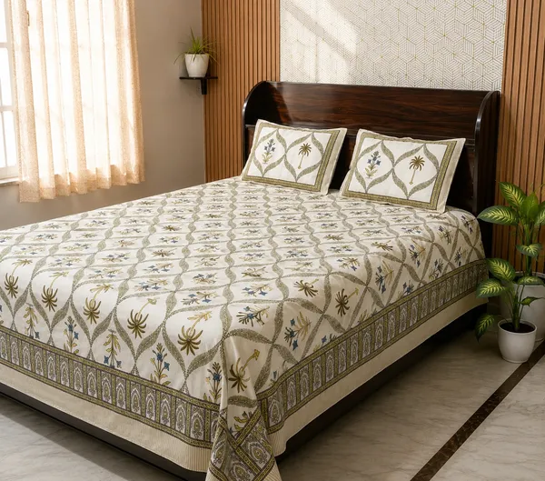 White_Botanical_Block_Print_Double_Bedsheet_Set