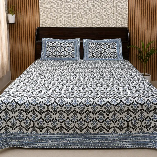 White_Botanical_Block_Print_Double_Bedsheet_Set