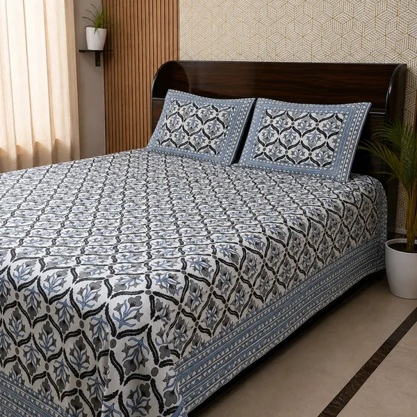 White_Botanical_Block_Print_Double_Bedsheet_Set