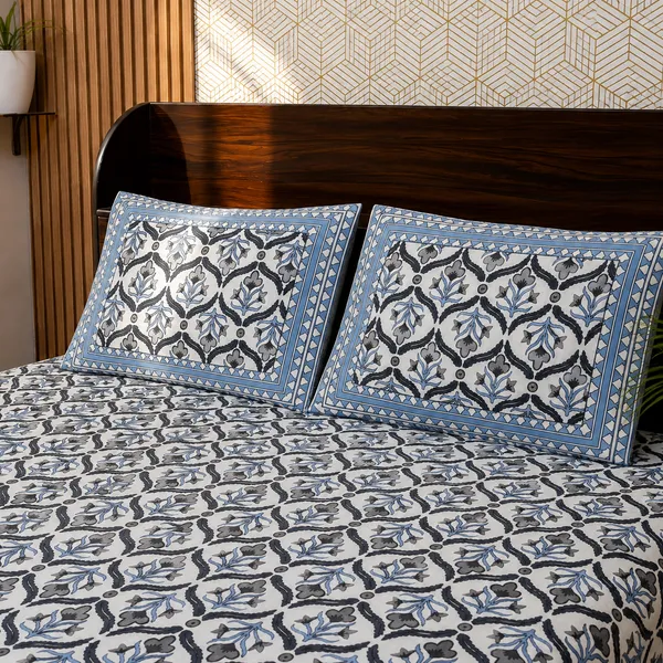White_Botanical_Block_Print_Double_Bedsheet_Set
