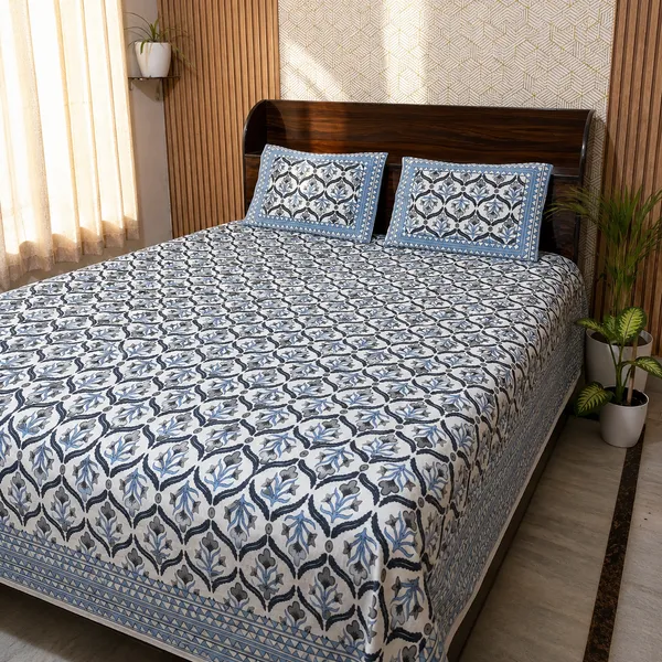 White_Botanical_Block_Print_Double_Bedsheet_Set