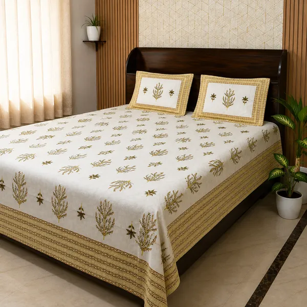 White_Botanical_Block_Print_Double_Bedsheet_Set