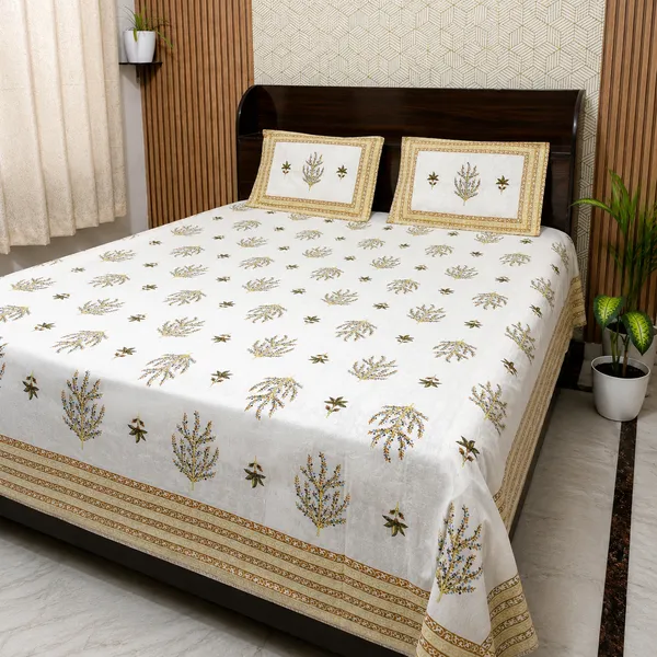 White_Botanical_Block_Print_Double_Bedsheet_Set