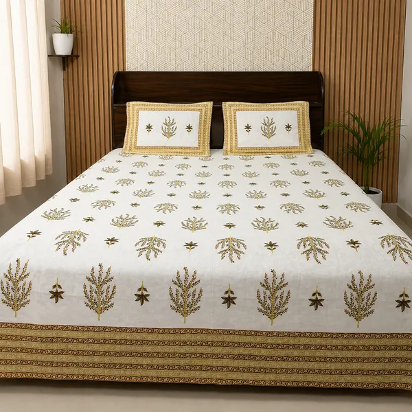 White_Botanical_Block_Print_Double_Bedsheet_Set