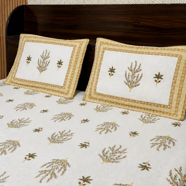 White_Botanical_Block_Print_Double_Bedsheet_Set