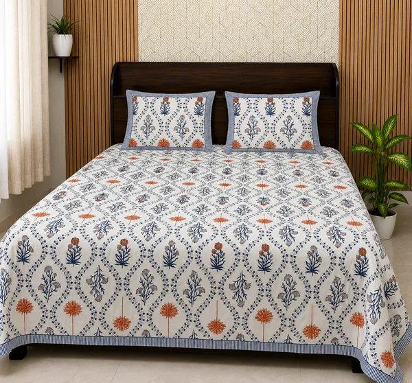 White_Botanical_Block_Print_Double_Bedsheet_Set